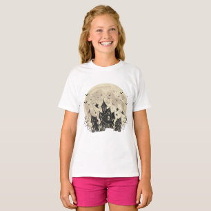 Spooky Haunted House with Full Moon and Ghosts T-Shirt