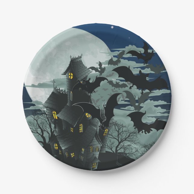 Spooky Haunted Mansion Bats Full Moon Paper Plate (Front)