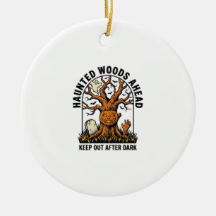 Spooky Haunted Tree Vintage Halloween Warning Shir Ceramic Ornament