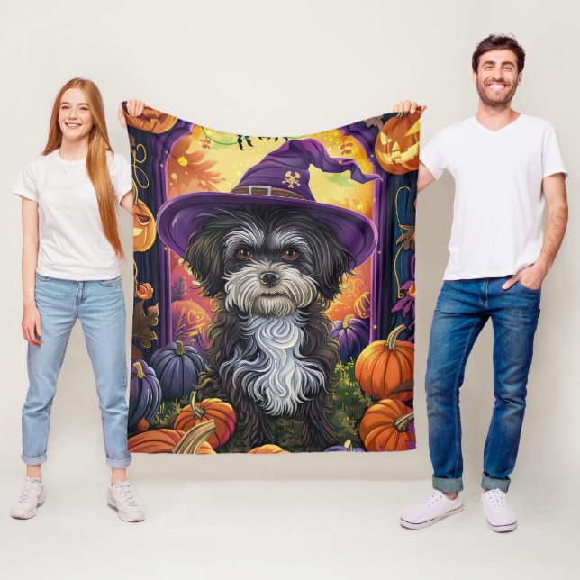 Spooky Havanese Dog Halloween Witch And Pumpkin Fleece Blanket (In Situ)