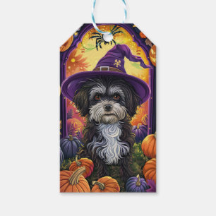 Spooky Havanese Dog Halloween Witch And Pumpkin Gift Tags