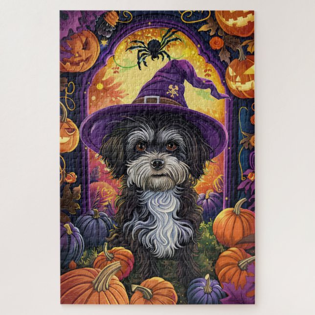 Spooky Havanese Dog Halloween Witch And Pumpkin Jigsaw Puzzle (Vertical)