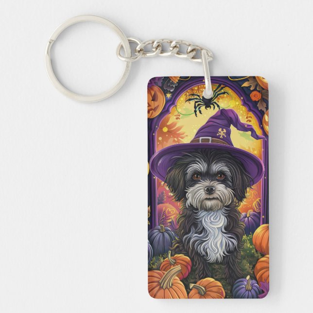 Spooky Havanese Dog Halloween Witch And Pumpkin Key Ring (Front)
