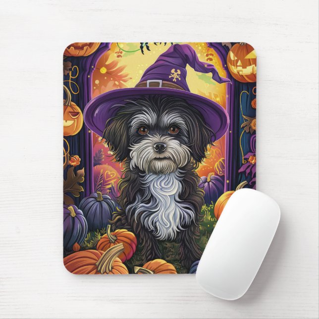 Spooky Havanese Dog Halloween Witch And Pumpkin Mouse Pad (With Mouse)