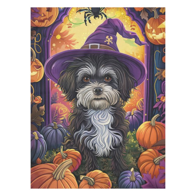 Spooky Havanese Dog Halloween Witch And Pumpkin Tablecloth (Front)