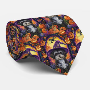 Spooky Havanese Dog Halloween Witch And Pumpkin Tie