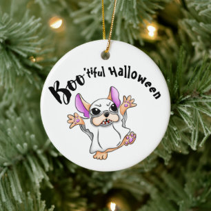 Spooky Hugs: Cute Bulldog Boo ghost Halloween Ceramic Ornament