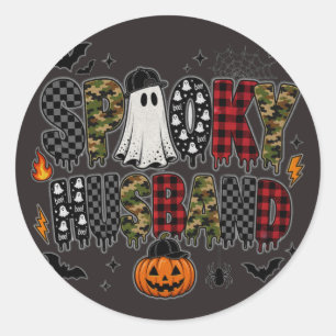 Spooky Husband Halloween Camo Plaid Mixed Classic Round Sticker