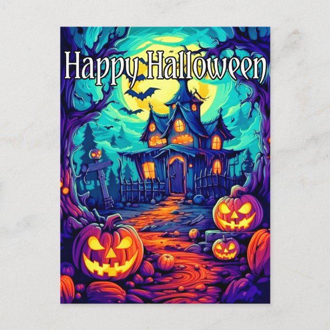 Spooky Illuminating Haunted House Happy Halloween Postcard (Front)