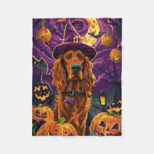 Spooky Irish Red Setter Halloween Witch Pumpkin  Fleece Blanket