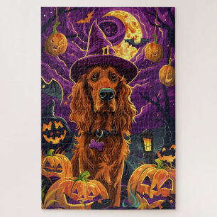 Spooky Irish Red Setter Halloween Witch Pumpkin Jigsaw Puzzle