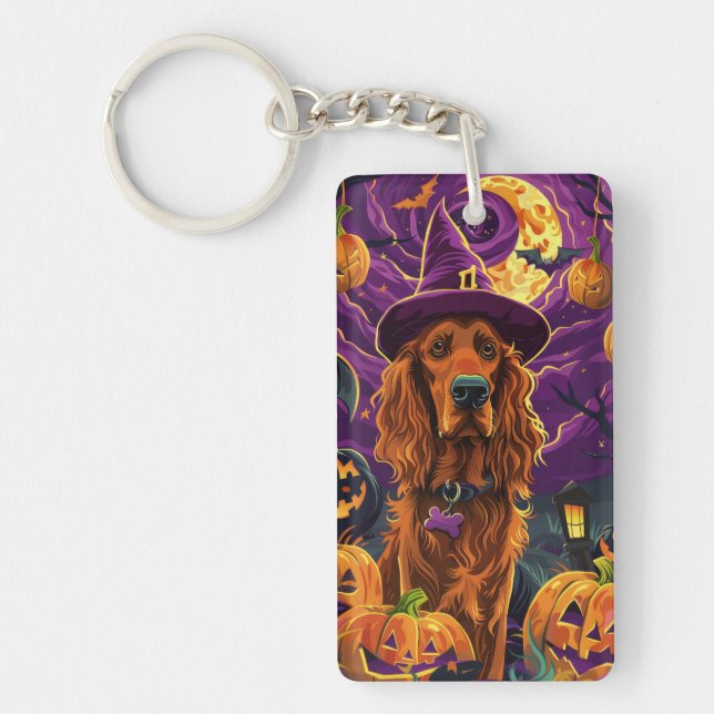 Spooky Irish Red Setter Halloween Witch Pumpkin  Key Ring (Front)