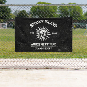 Spooky Island Est 2002 Amusement Park Skull Banner
