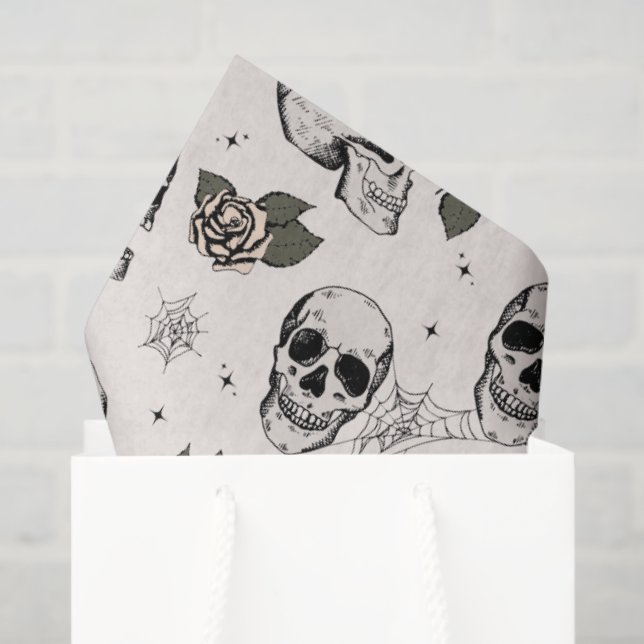 Spooky Ivory Floral Small Skull Halloween Tissue Paper (Gift Bag)