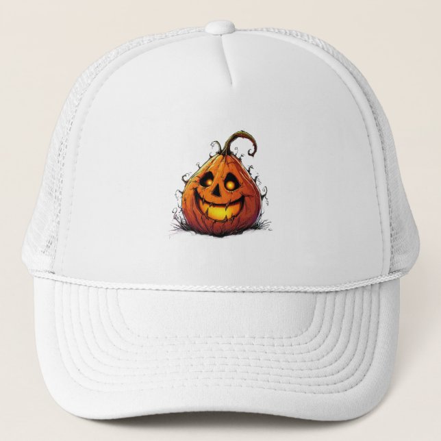 Spooky Jack O’Lantern Pumpkin with Glowing Eyes Trucker Hat (Front)