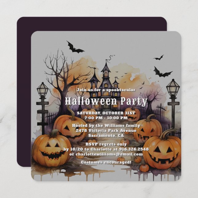 Spooky Jack O’Lanterns Bats Halloween Party Invitation (Front/Back)