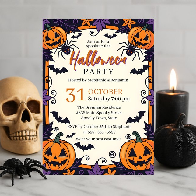 Spooky Jack-O'-Lanterns Spiders and Bats Halloween Invitation (Creator Uploaded)