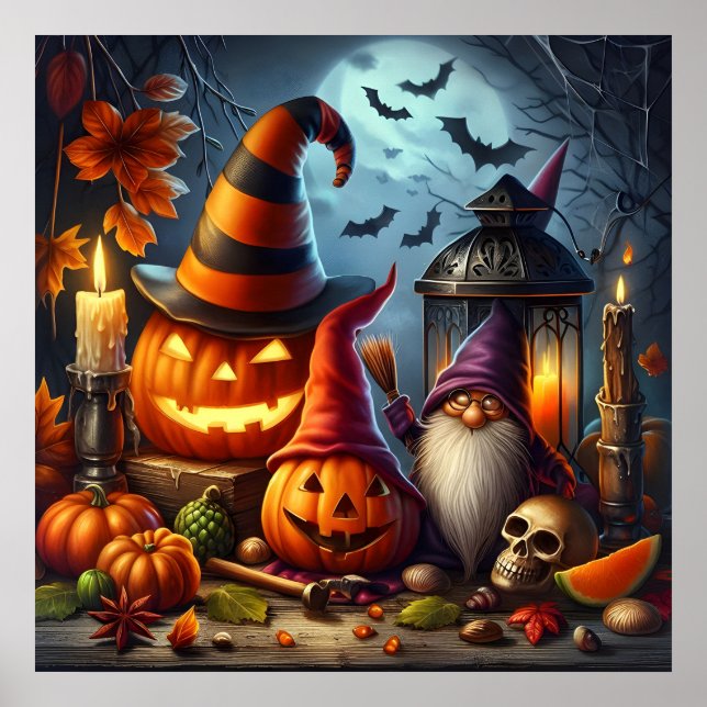 Spooky Jack-O-Lanterns with Gnome, Skull and Bats Poster (Front)