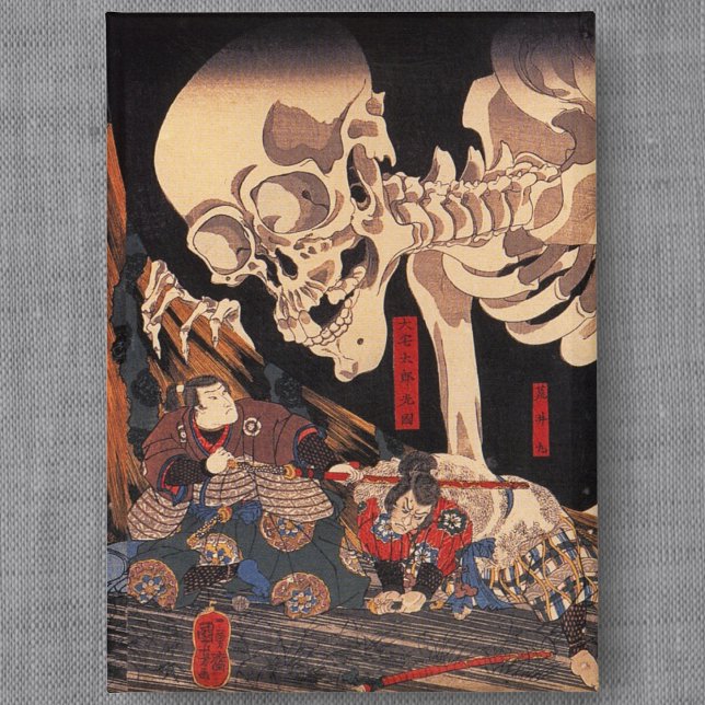 Spooky Japanese Skeleton- Vintage Yokai Monster (Spooky Japanese Skeleton Gashadokuro Yokai Button Pin-  Detail View)