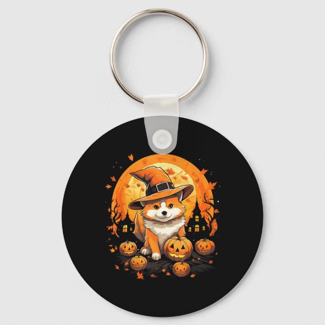 Spooky Jindo Dog Witch Halloween Key Ring (Front)
