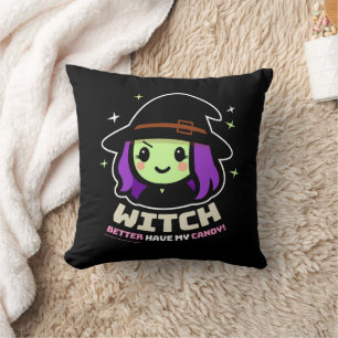 Spooky Kawaii Witch Halloween Throw Pillow