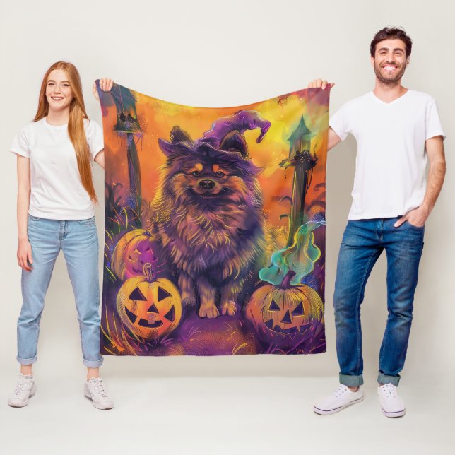 Spooky Keeshond Dog Halloween Witch And Pumpkin  Fleece Blanket (In Situ)