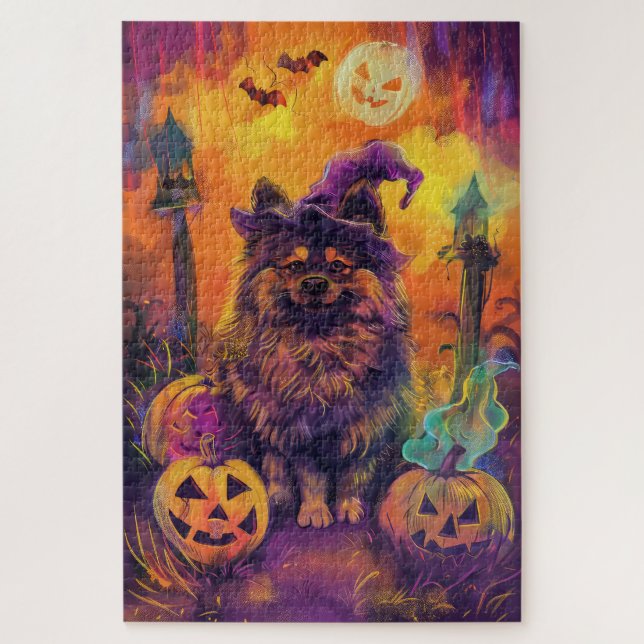 Spooky Keeshond Dog Halloween Witch And Pumpkin  Jigsaw Puzzle (Vertical)