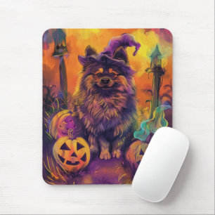Spooky Keeshond Dog Halloween Witch And Pumpkin Mouse Pad
