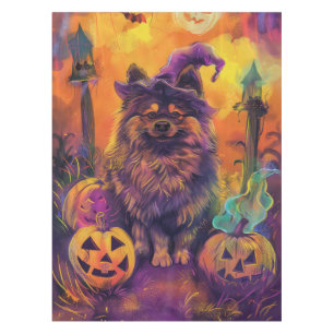 Spooky Keeshond Dog Halloween Witch And Pumpkin  Tablecloth