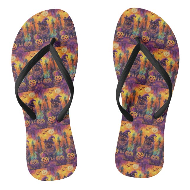 Spooky Keeshond Dog Halloween Witch And Pumpkin  Thongs (Footbed)