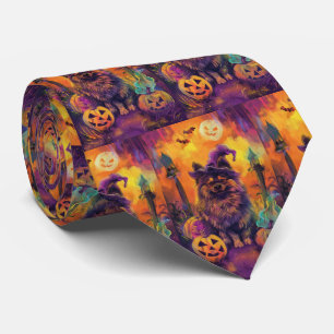 Spooky Keeshond Dog Halloween Witch And Pumpkin  Tie