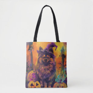 Spooky Keeshond Dog Halloween Witch And Pumpkin Tote Bag