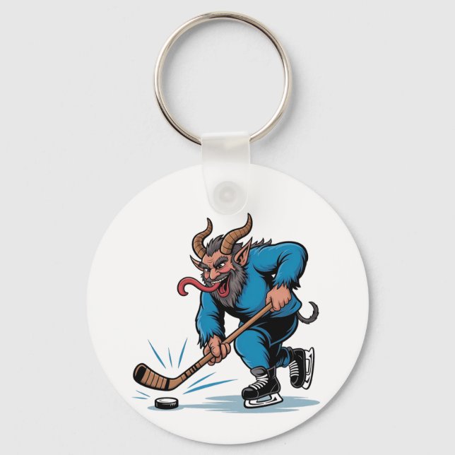 Spooky Krampus Playing Ice Hockey Christmas  Key Ring (Front)