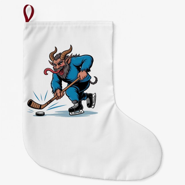 Spooky Krampus Playing Ice Hockey Christmas  Large Christmas Stocking (Front)