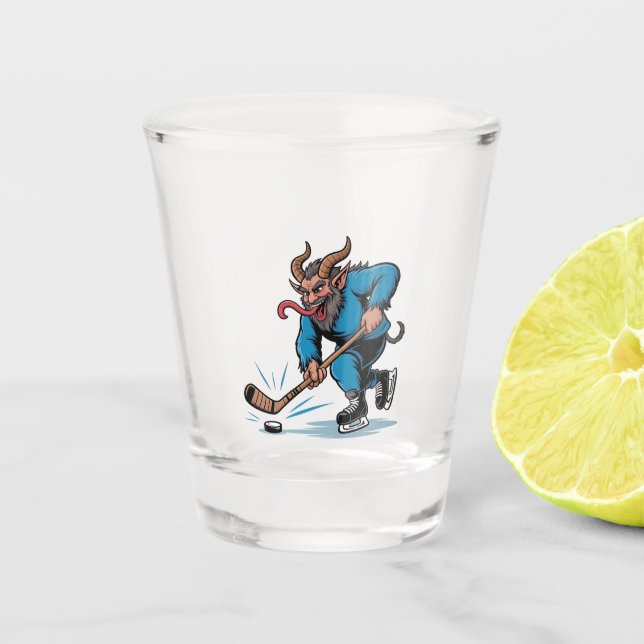 Spooky Krampus Playing Ice Hockey Christmas  Shot Glass (Front)