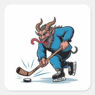 Spooky Krampus Playing Ice Hockey Christmas Square Sticker