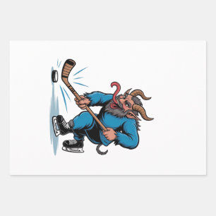 Spooky Krampus Playing Ice Hockey Christmas Wrapping Paper Sheet