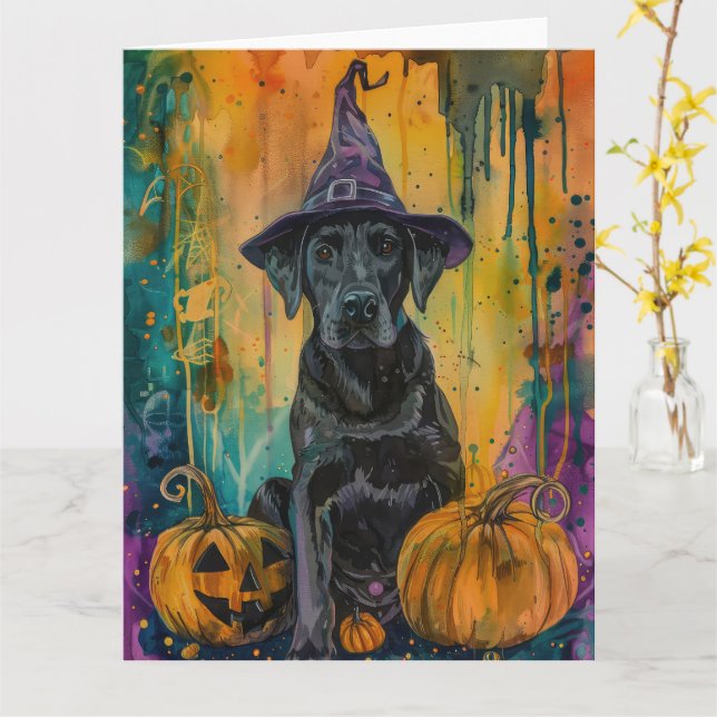 Spooky Labrador Dog Halloween Witch And Pumpkin Card (Yellow Flower)
