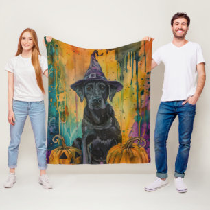 Spooky Labrador Dog Halloween Witch And Pumpkin Fleece Blanket