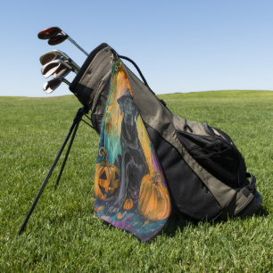 Spooky Labrador Dog Halloween Witch And Pumpkin Golf Towel