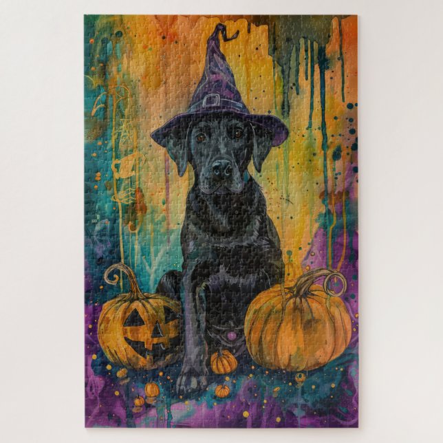 Spooky Labrador Dog Halloween Witch And Pumpkin Jigsaw Puzzle (Vertical)