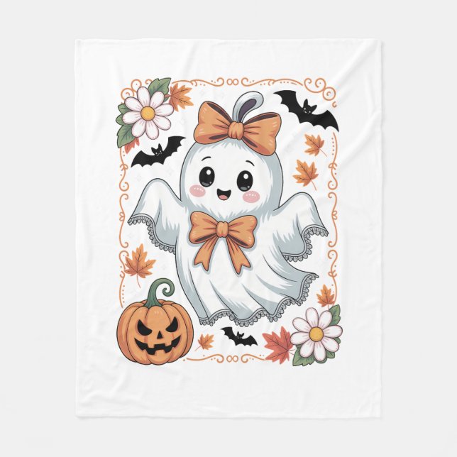 Spooky Lace Ghost Halloween Fleece Blanket (Front)