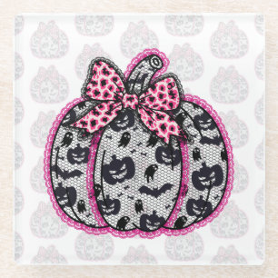 Spooky Lace Halloween Pumpkin Coquette Glass Coaster