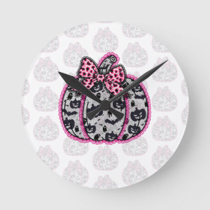 Spooky Lace Halloween Pumpkin Coquette Round Clock