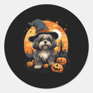 Spooky Lhasa Apso Dog Witch Halloween Classic Round Sticker