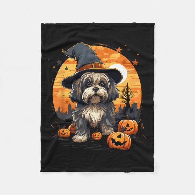 Spooky Lhasa Apso Dog Witch Halloween Fleece Blanket (Front)