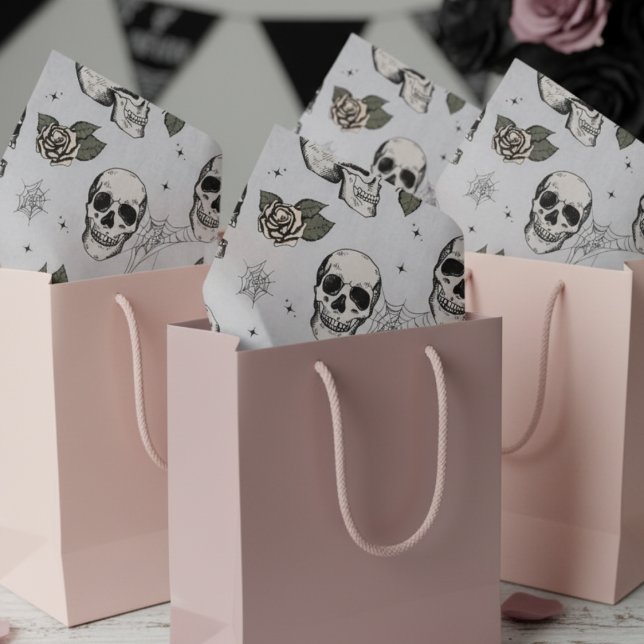 Spooky Light Grey Floral Small Skull Halloween Tissue Paper (Gray Gothic Halloween Vintage Floral Skull Tissue Paper. Flowers & Skull Skeleton Pattern For Her)