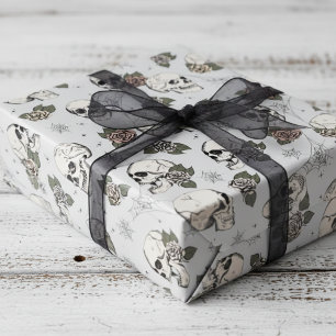 Spooky Light Grey Small Skull Halloween Wrapping Paper