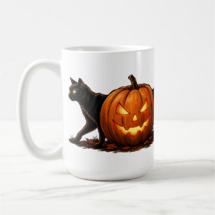 Spooky Long Black Cat Behind Glowing Pumpkin Coffee Mug