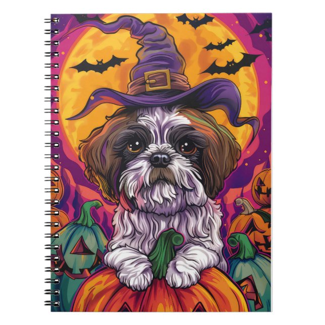 Spooky Malti Tzu Dog Halloween Witch And Pumpkin Notebook (Front)